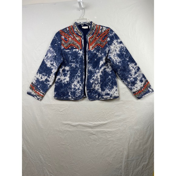 Chico's Jackets & Blazers - Chico's Quilted Jacket Womens 2 Lg Blue Tie Dye Embroidered Pom Pom Open Front